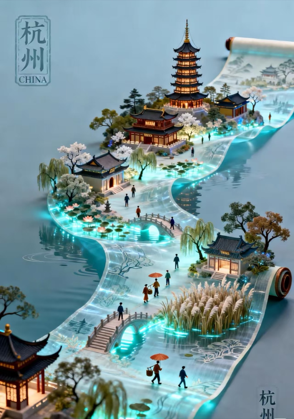 An artist's scroll-painting impression of Hangzhou — pagodas, bridges and willow-lined water